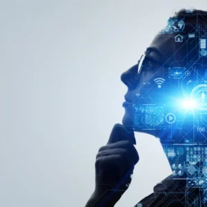 Futuristic digital interface on woman's silhouette