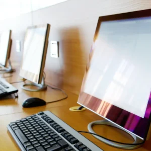 Computer workstations with keyboards and mice