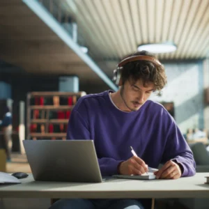 Man studying with laptop and headphones