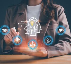 Businesswoman interacting with futuristic AI technology icons.