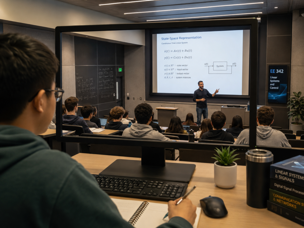 Student viewing engineering lecture on state-space representation